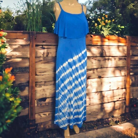 Y2K Maxi Dress Sz SP Studs Blue White Striped Jersey Knit Hippie Boho Nautical - Picture 1 of 15